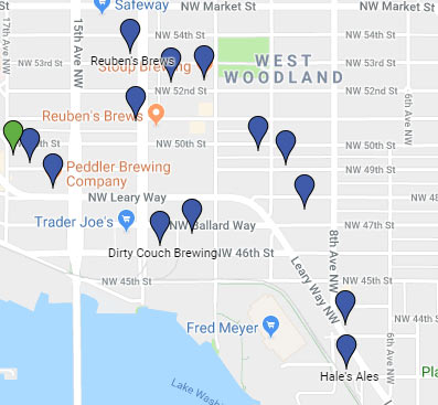 Above, the Ballard Brewery District. Blue markers are current breweries.